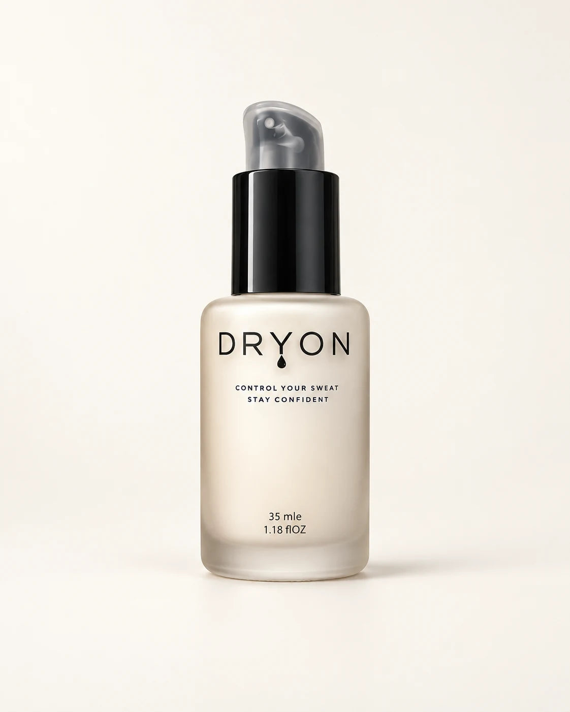 DRYON bottle with an ivory frosted body, black pump collar and protective cap.